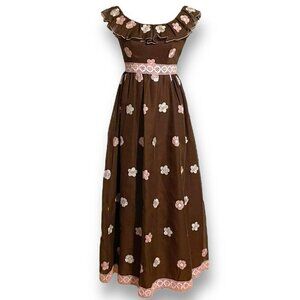 Vintage 1970s Floral Maxi Dress Sz Small Brown Pink Floral Emboidered Prom Gown